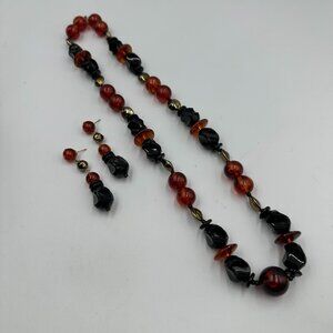 Vintage Necklace Earring Set Black Amber-Colored Acrylic Beads Gold Tone